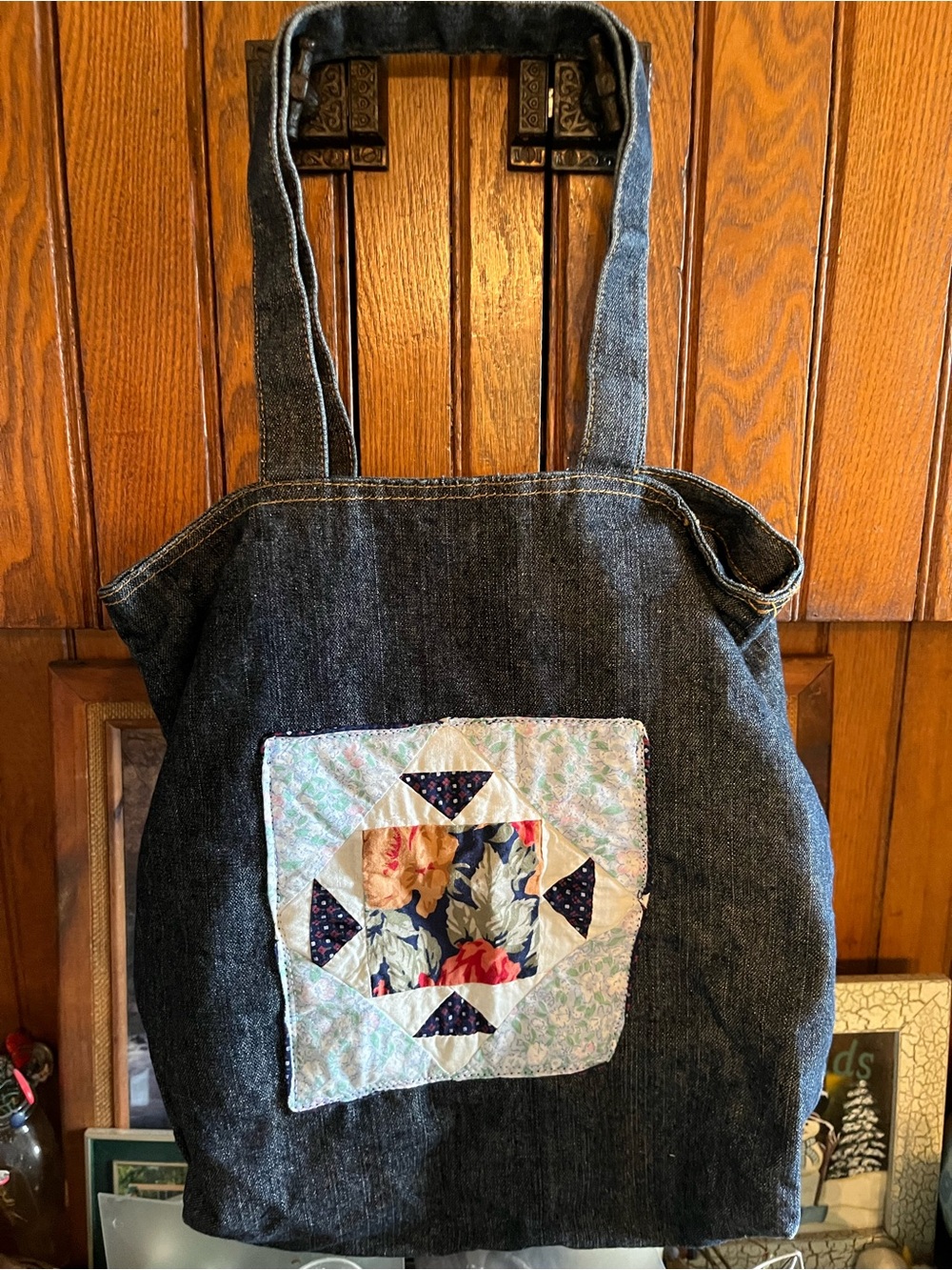 Dark Denim Shoulder Bag with Floral Patchwork Accent